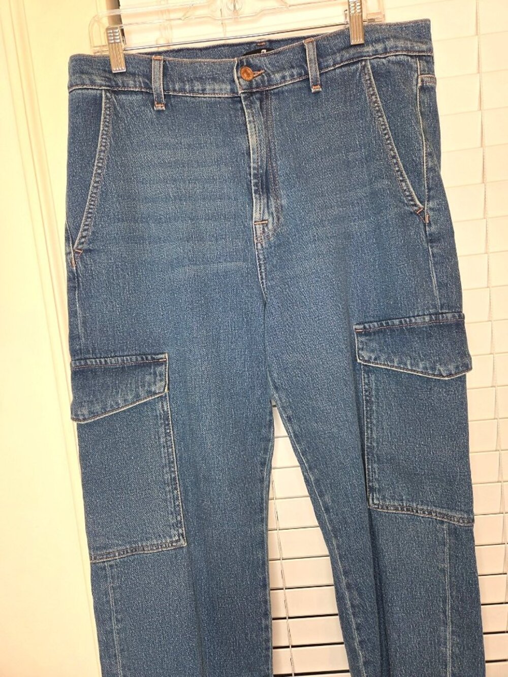 Womens 7 For All Mankind Cargo Logan Blue Bell Denim Jeans Size 31 Retro - Picture 7 of 8